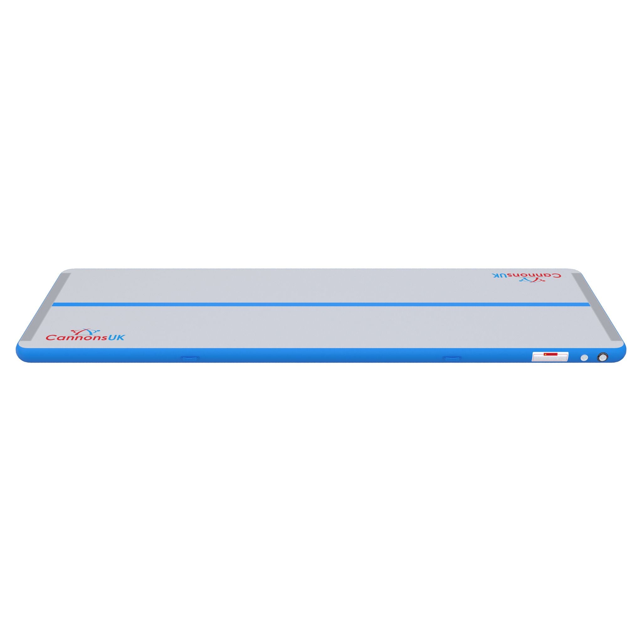 Cannons UK Air Track Pro Air Floor 5m x 1.5m x 20cm blue side elevation showing inflation panel and fittings for quick setup; great for home workouts and coach-led sessions