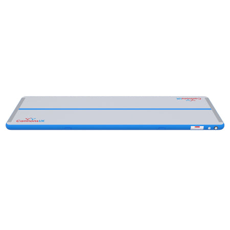 Cannons UK Air Track Pro Air Floor 5m x 1.5m x 20cm blue side elevation showing inflation panel and fittings for quick setup; great for home workouts and coach-led sessions