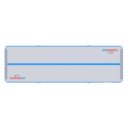 Cannons UK Air Track Pro Air Floor 5m x 1.5m x 20cm blue top-down view with centre line for gymnastics, cheer tumbling and floor skills