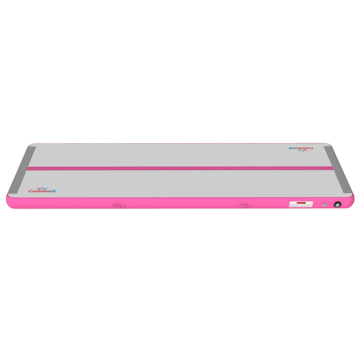Cannons UK Air Track Pro Air Floor 5m x 1.5m x 20cm pink angled view with valve and end cap for quick setup and storage; for tumbling passes and acrobatics
