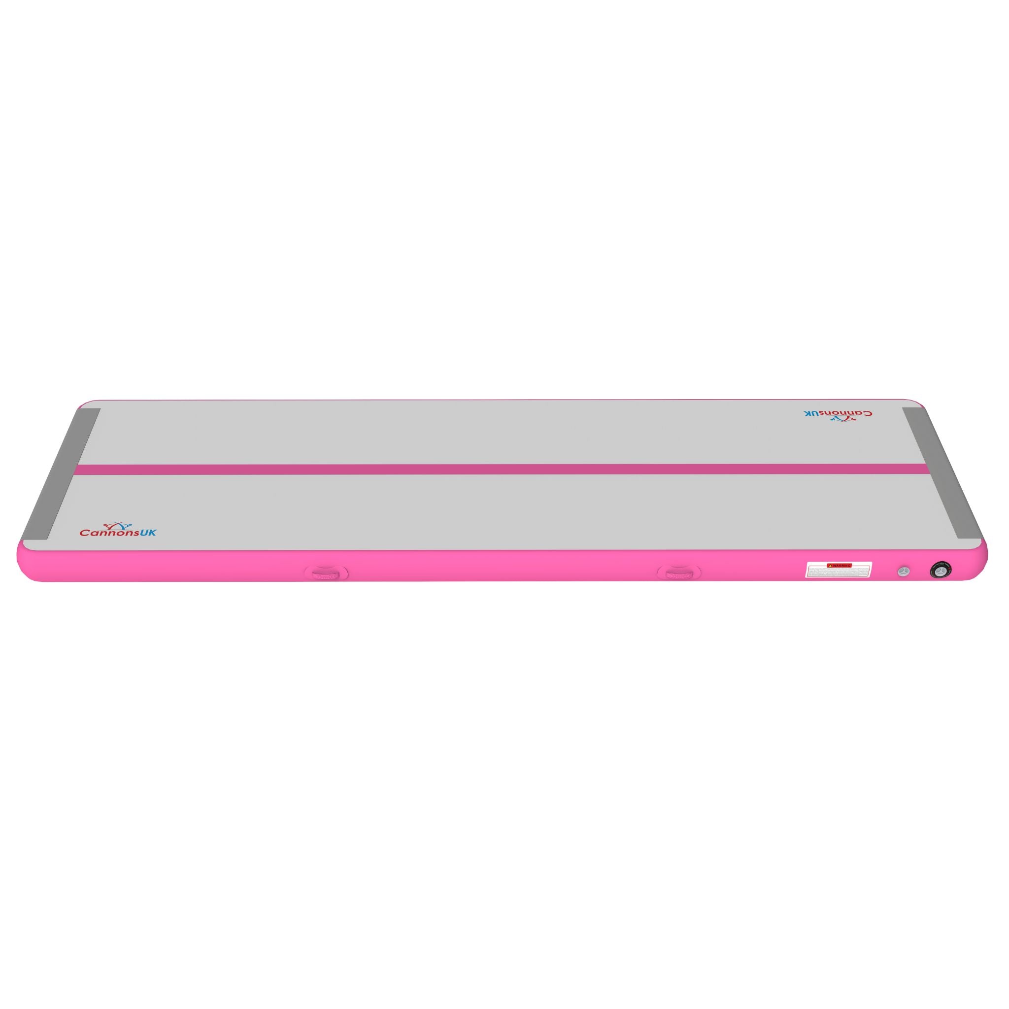 Cannons UK Air Track Pro Air Floor 5m x 1.5m x 20cm pink angled view with valve and end cap for quick setup and storage; for tumbling passes and acrobatics