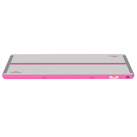 Cannons UK Air Track Pro Air Floor 5m x 1.5m x 20cm pink angled view with valve and end cap for quick setup and storage; for tumbling passes and acrobatics