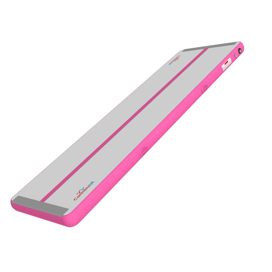 Cannons UK Air Track Pro Air Floor 5m x 1.5m x 20cm pink side elevation showing handles and valve for easy transport and fast inflation; ideal for cheer and gymnastics drills