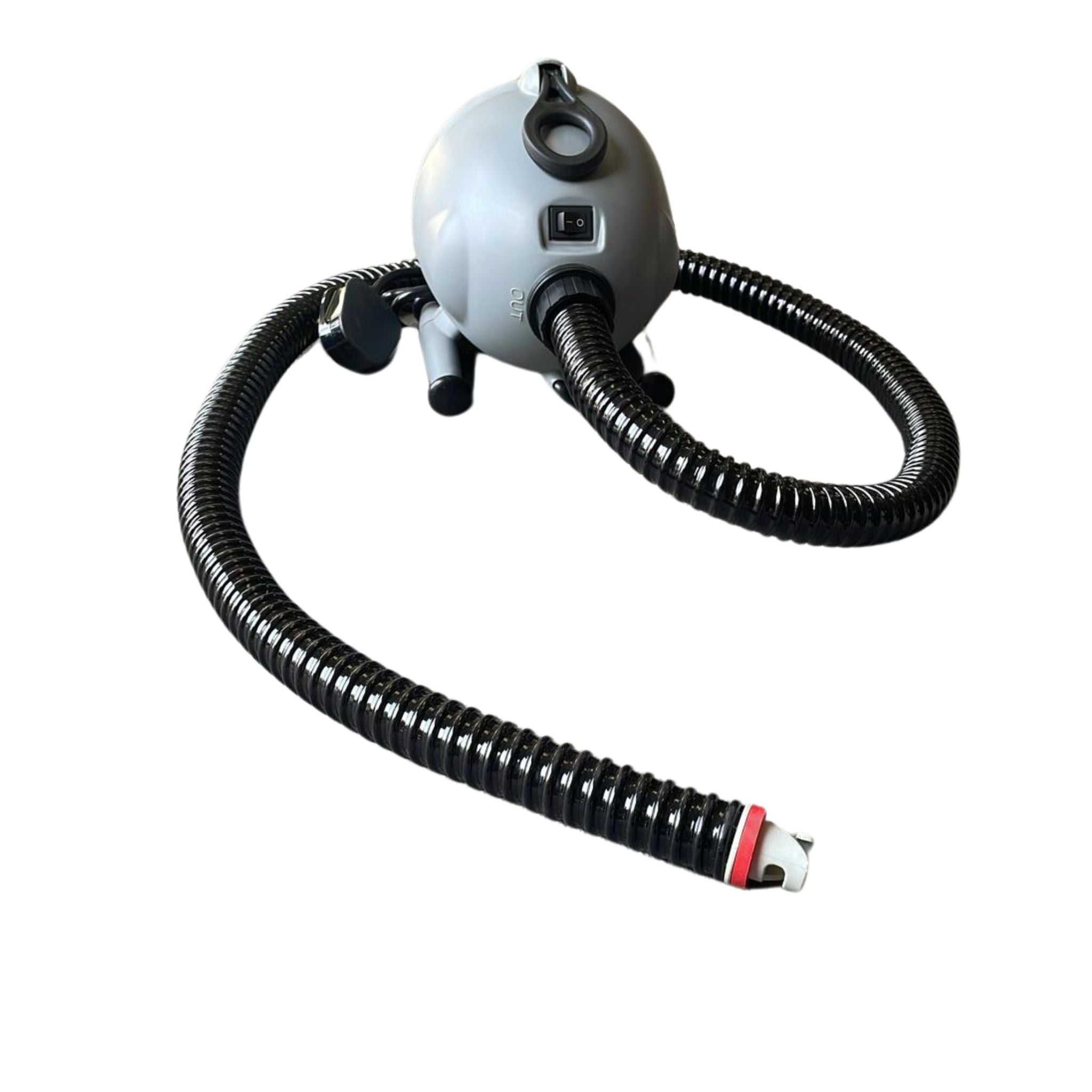 Bravo OV10 blower angled view showing power switch, inlet/outlet ports and crush-resistant hose for fast inflation/deflation. 