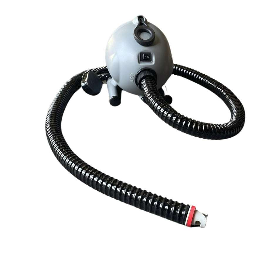 Bravo OV10 blower angled view showing power switch, inlet/outlet ports and crush-resistant hose for fast inflation/deflation. 