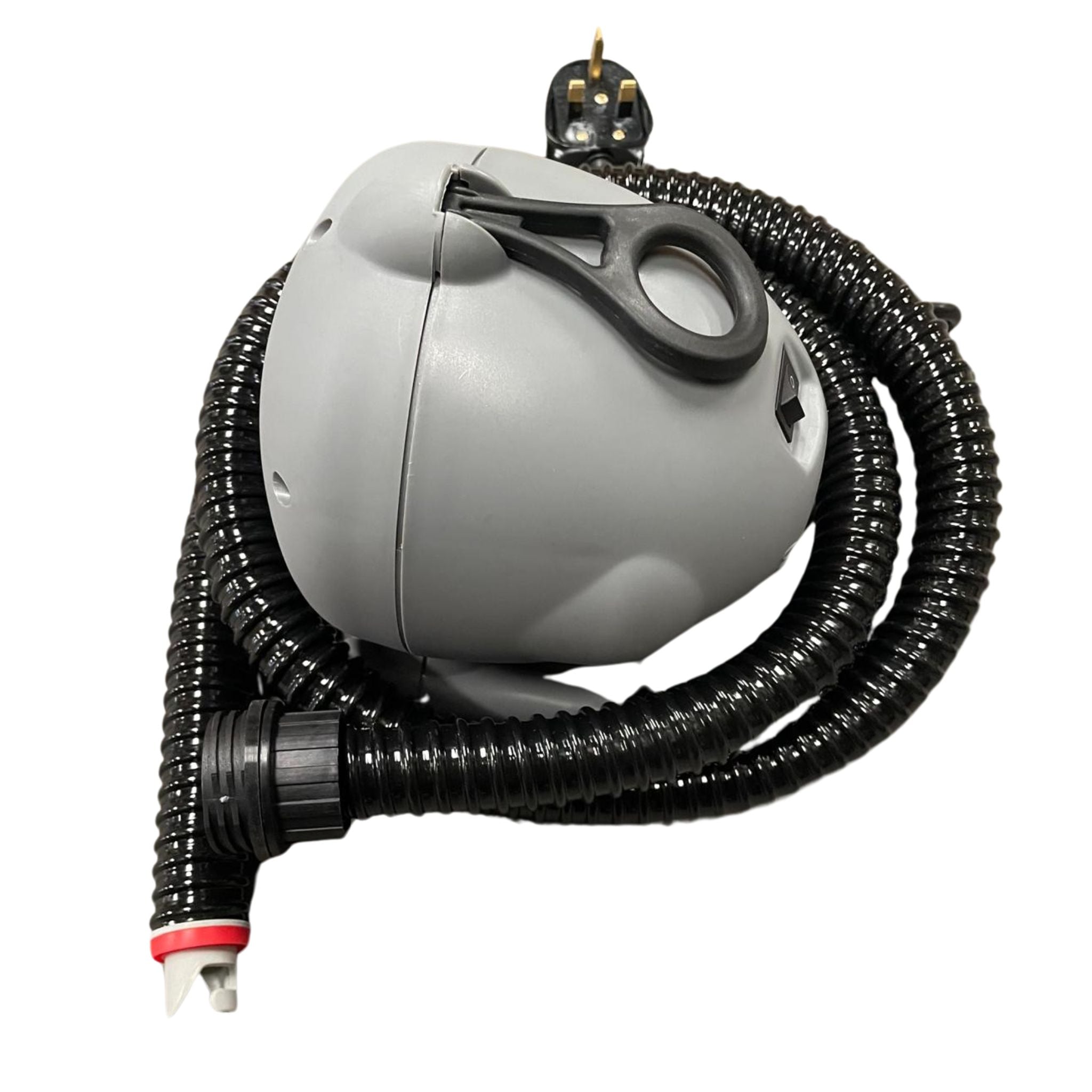 Bravo OV10 blower with UK plug and coiled hose — close view of carry loop and nozzle adaptor for secure connection. 