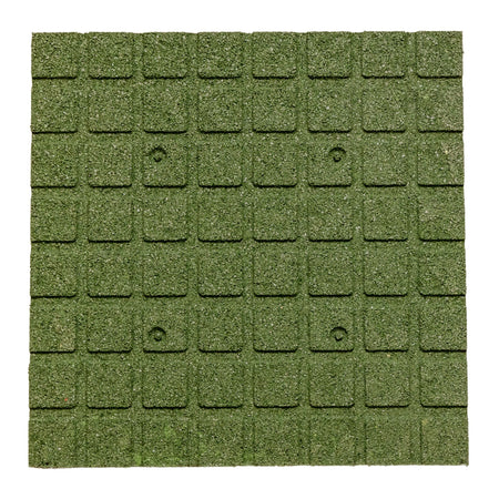 Green rubber playground tile, 50×50×20 mm — underside grid pattern with dowel system for stability