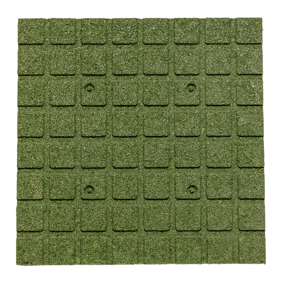Green rubber playground tile, 50×50×20 mm — underside grid pattern with dowel system for stability