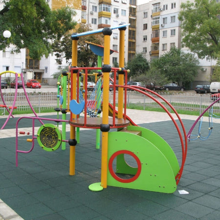 Installed green tiles — colourful activity frame on resilient surfacing.