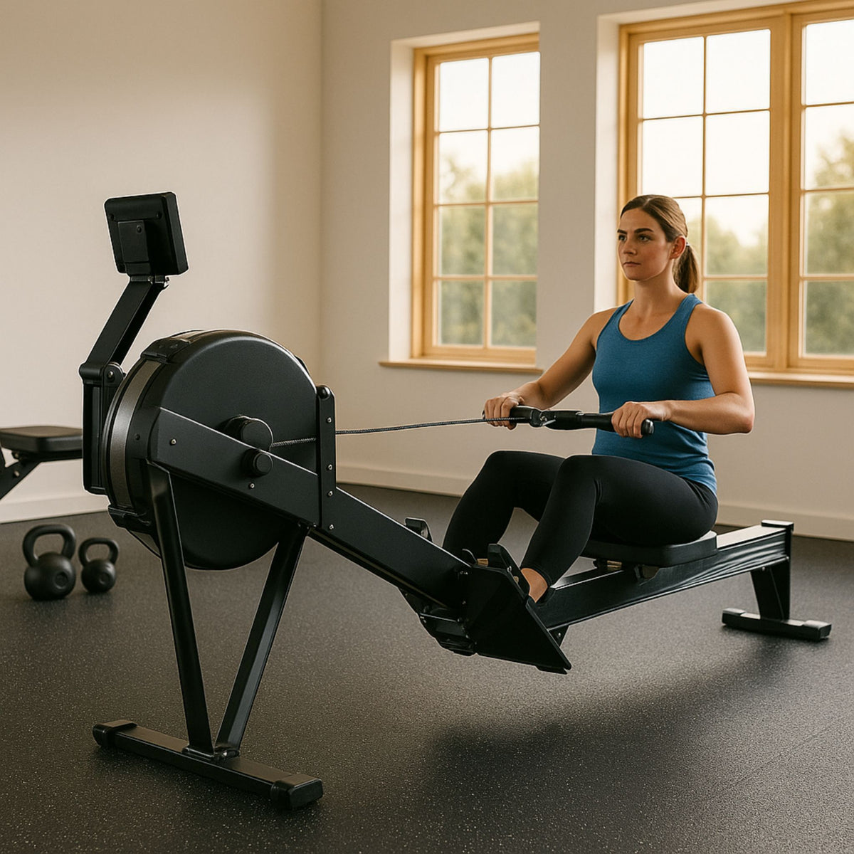 Rowing machine on interlocking black speckled gym mats in a neutral-toned room.
