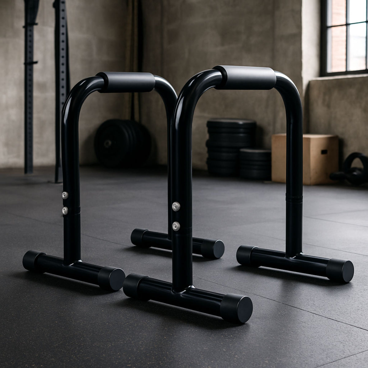 High parallel bars set up in a training studio with gym equipment in the background.