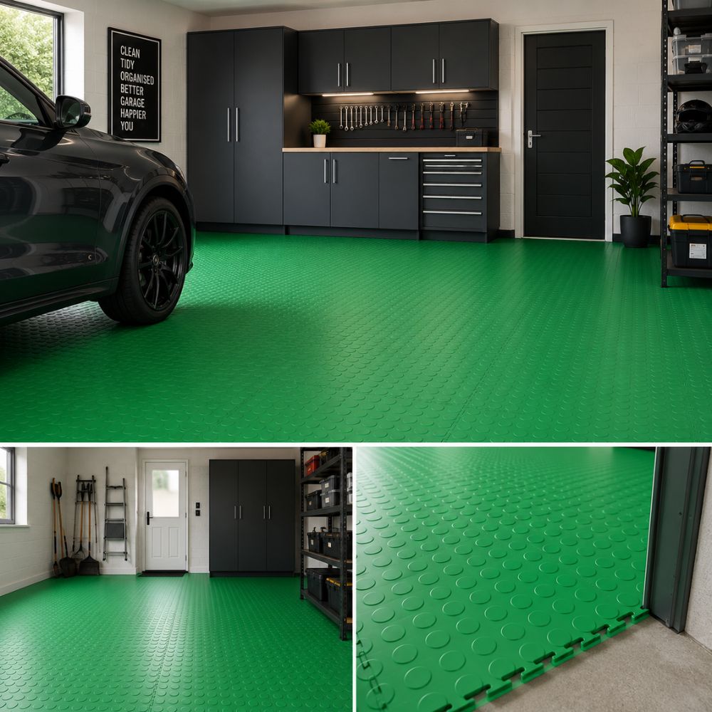 UltraLock green PVC tiles installed in a garage
