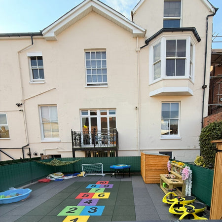 House exterior with a backyard featuring children's play equipment.