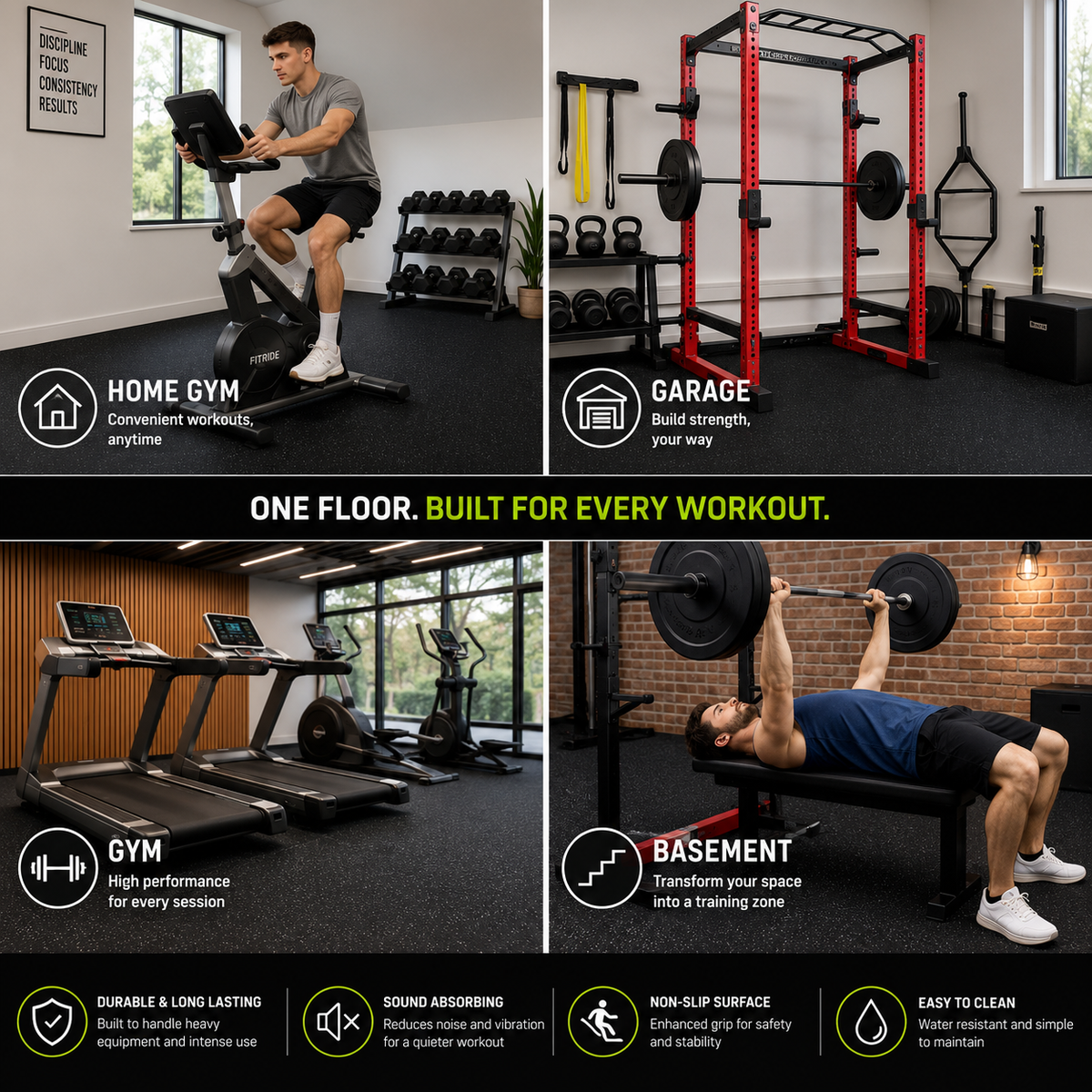 A 4-panel promotional collage showing a set of home gym equipment in different locations: a man riding a stationary at home, a red power rack in a garage, treadmills in a gym, and a man bench pressing in a basement. The collage includes feature callouts for durability, sound absorption, non-slip surface, and ease of cleaning.