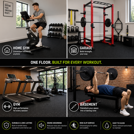A 4-panel promotional collage showing a set of home gym equipment in different locations: a man riding a stationary at home, a red power rack in a garage, treadmills in a gym, and a man bench pressing in a basement. The collage includes feature callouts for durability, sound absorption, non-slip surface, and ease of cleaning.