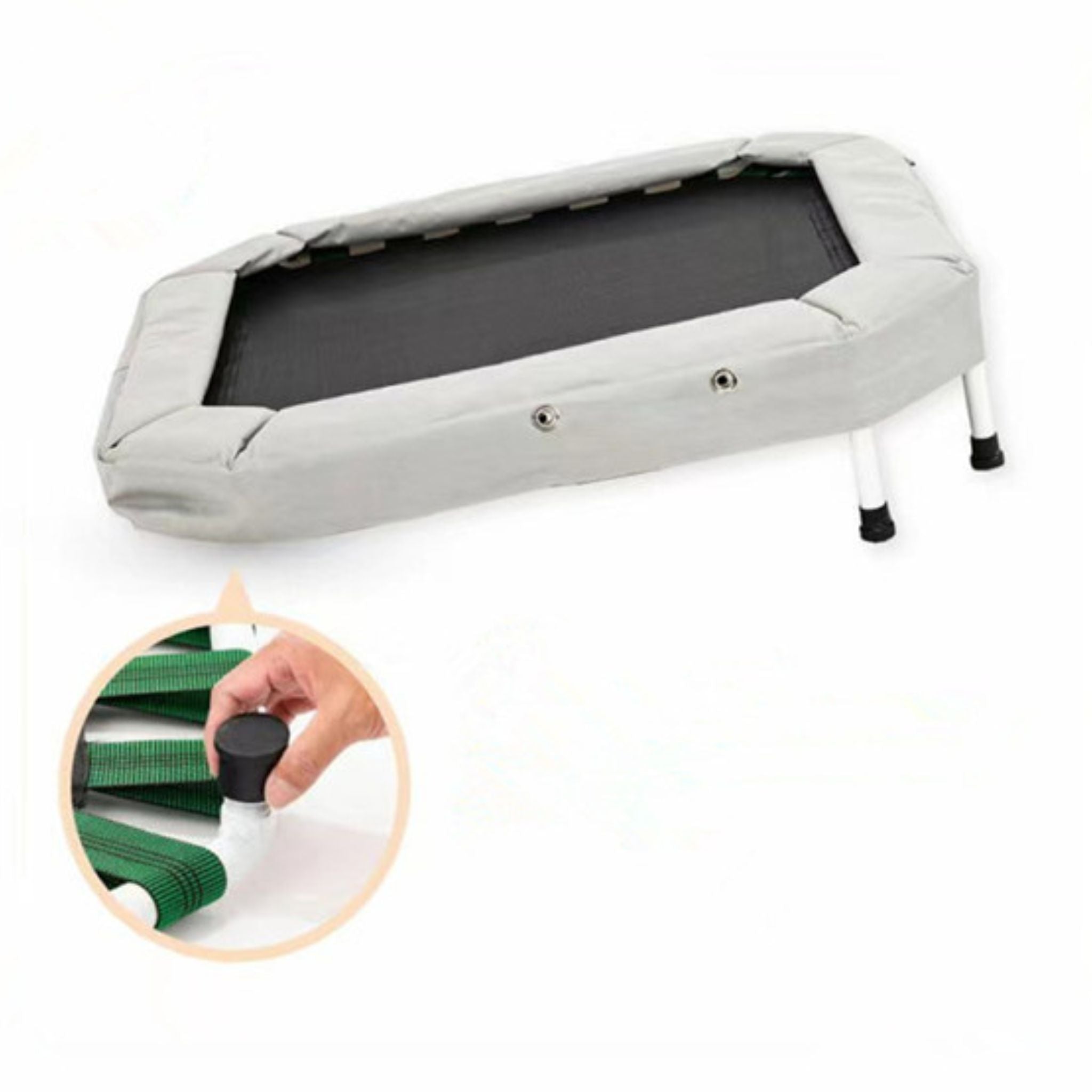 Close-up of trampoline attachment under gymnastics bar  
