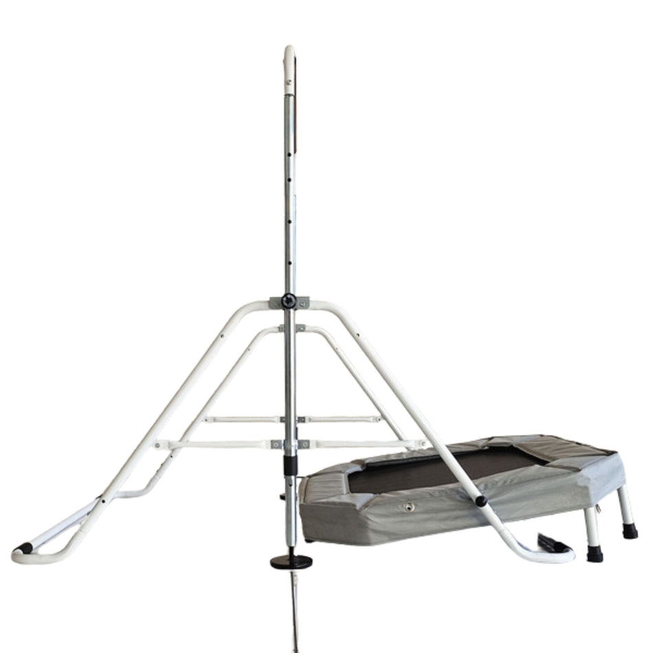 Side view of mini gymnastics bar and trampoline connection  

