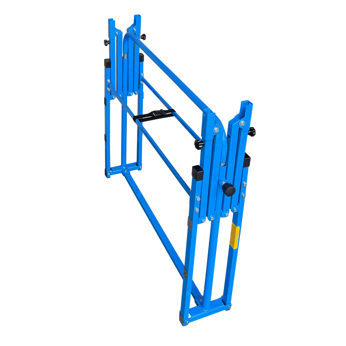 Height adjustment mechanism on blue gymnastics bar	