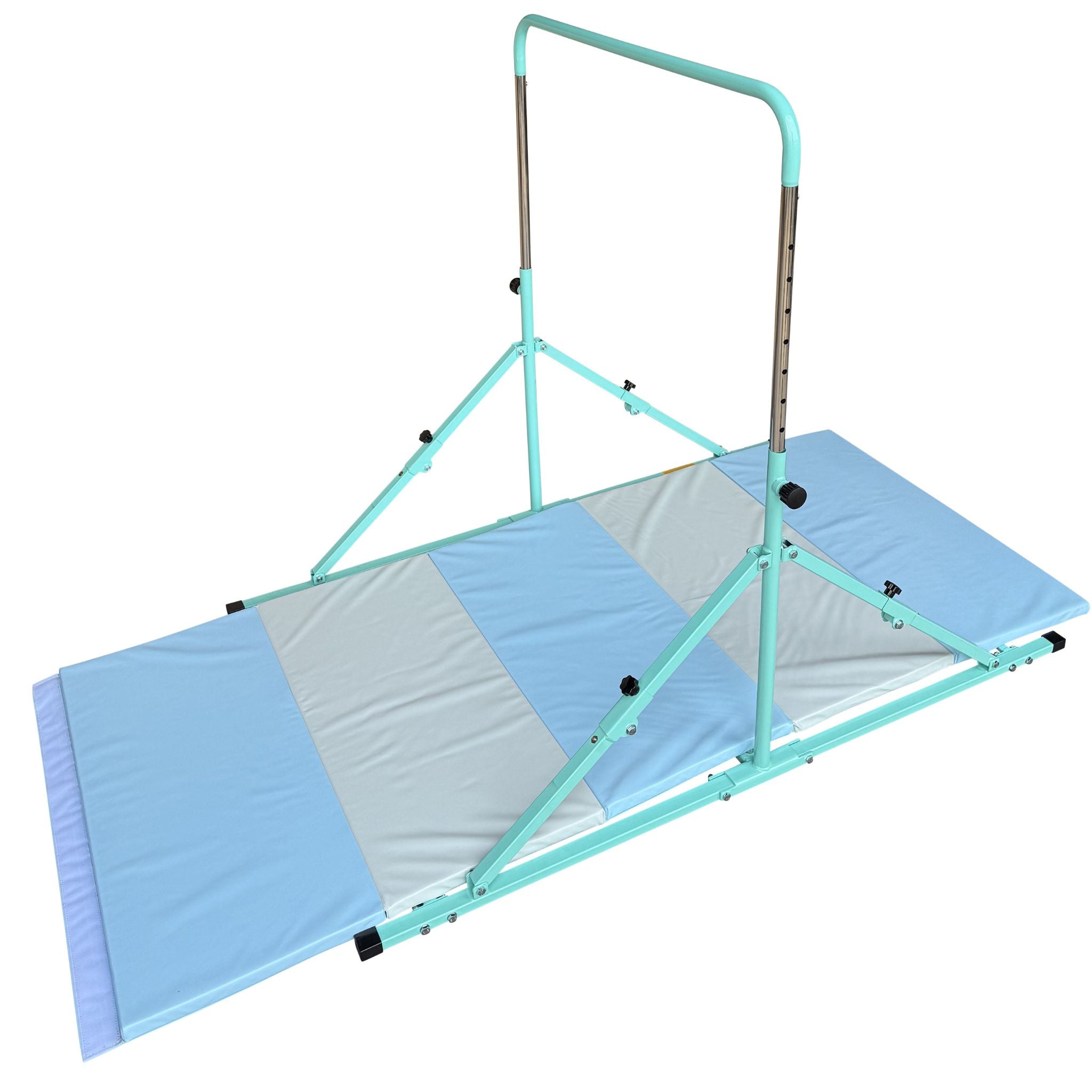 Child using green Junior Pro gymnastics bar indoors