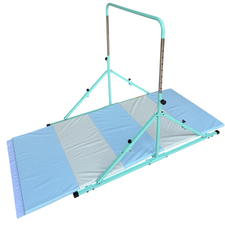Child using green Junior Pro gymnastics bar indoors