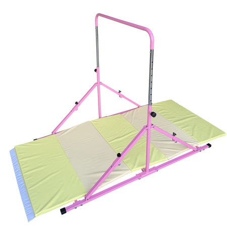 Pink Junior Pro bar with matching mat in home setup	