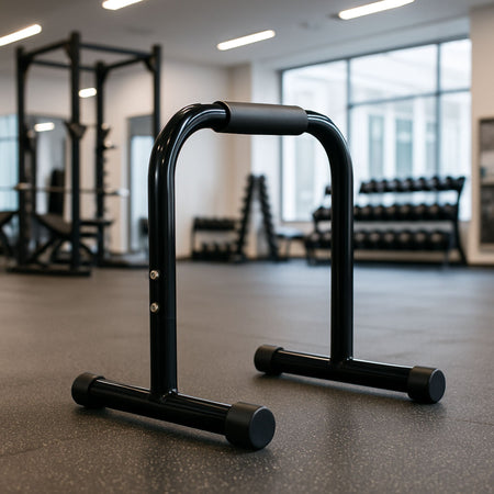 Pair of parallel bars placed in a modern commercial gym environment.