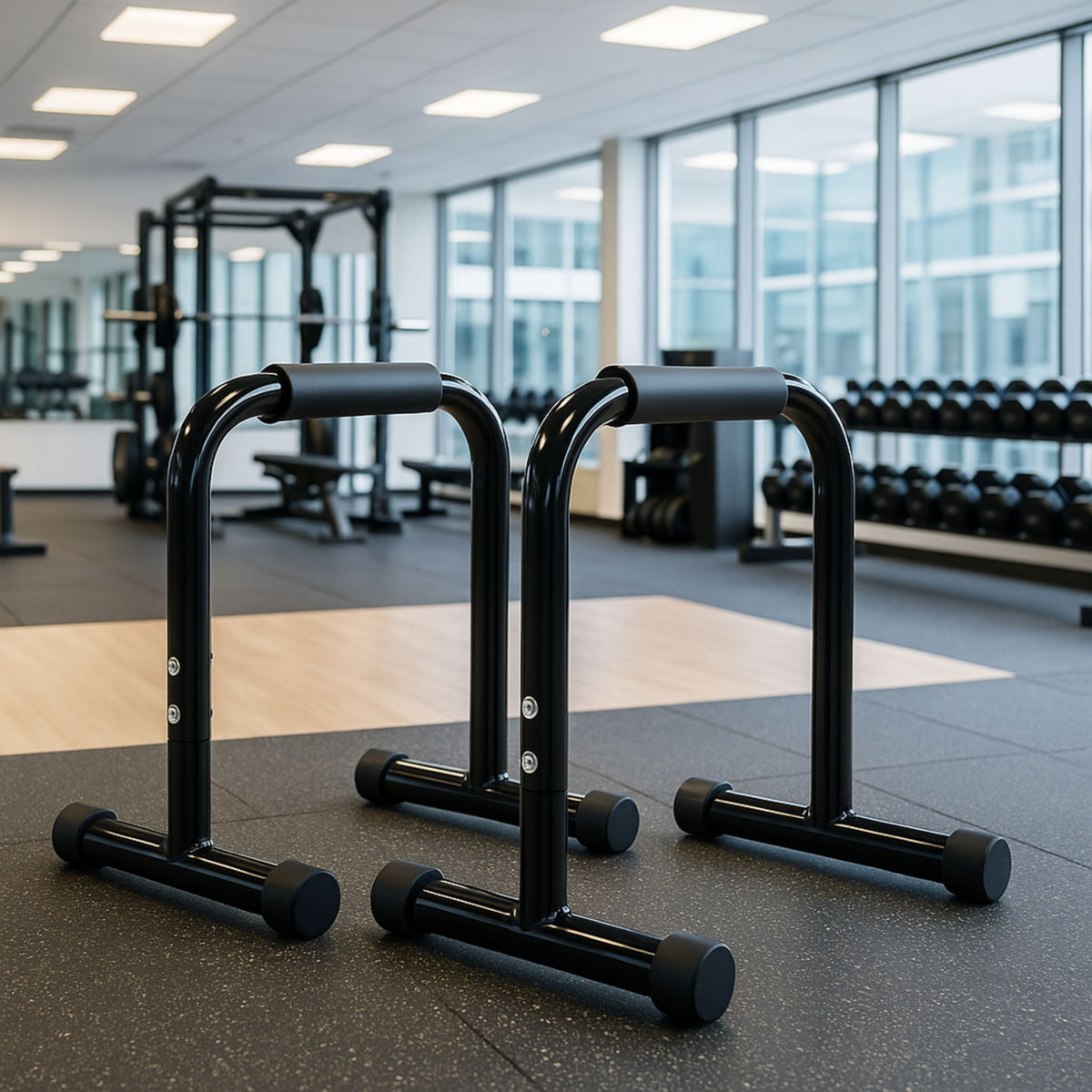 High parallel bars positioned in a garage-style home gym.