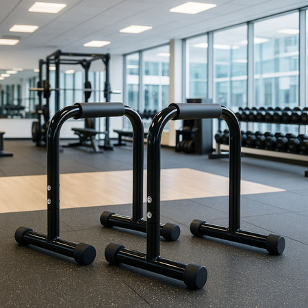 High parallel bars positioned in a garage-style home gym.