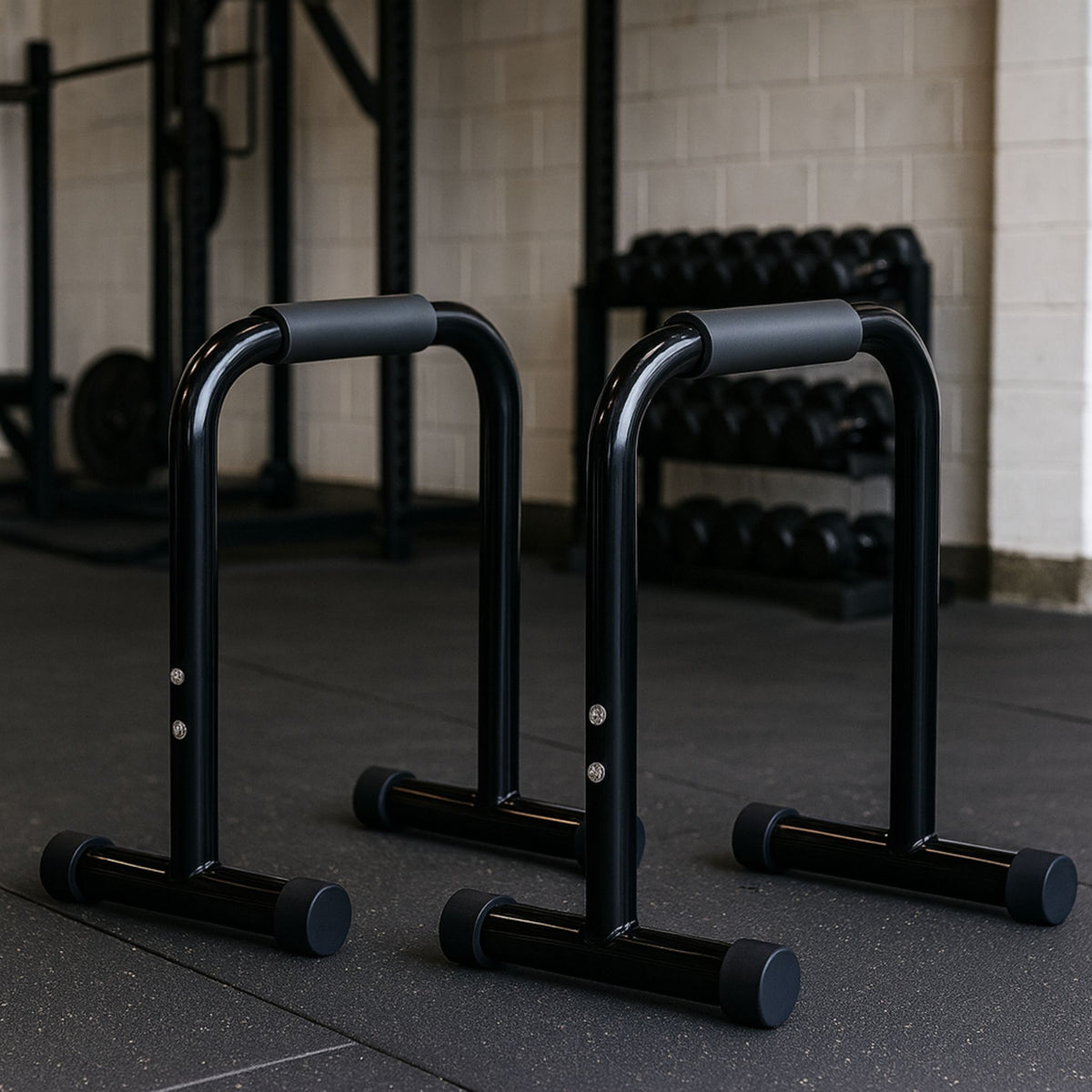 Pair of black parallel bars in an industrial-style strength gym with rubber flooring.