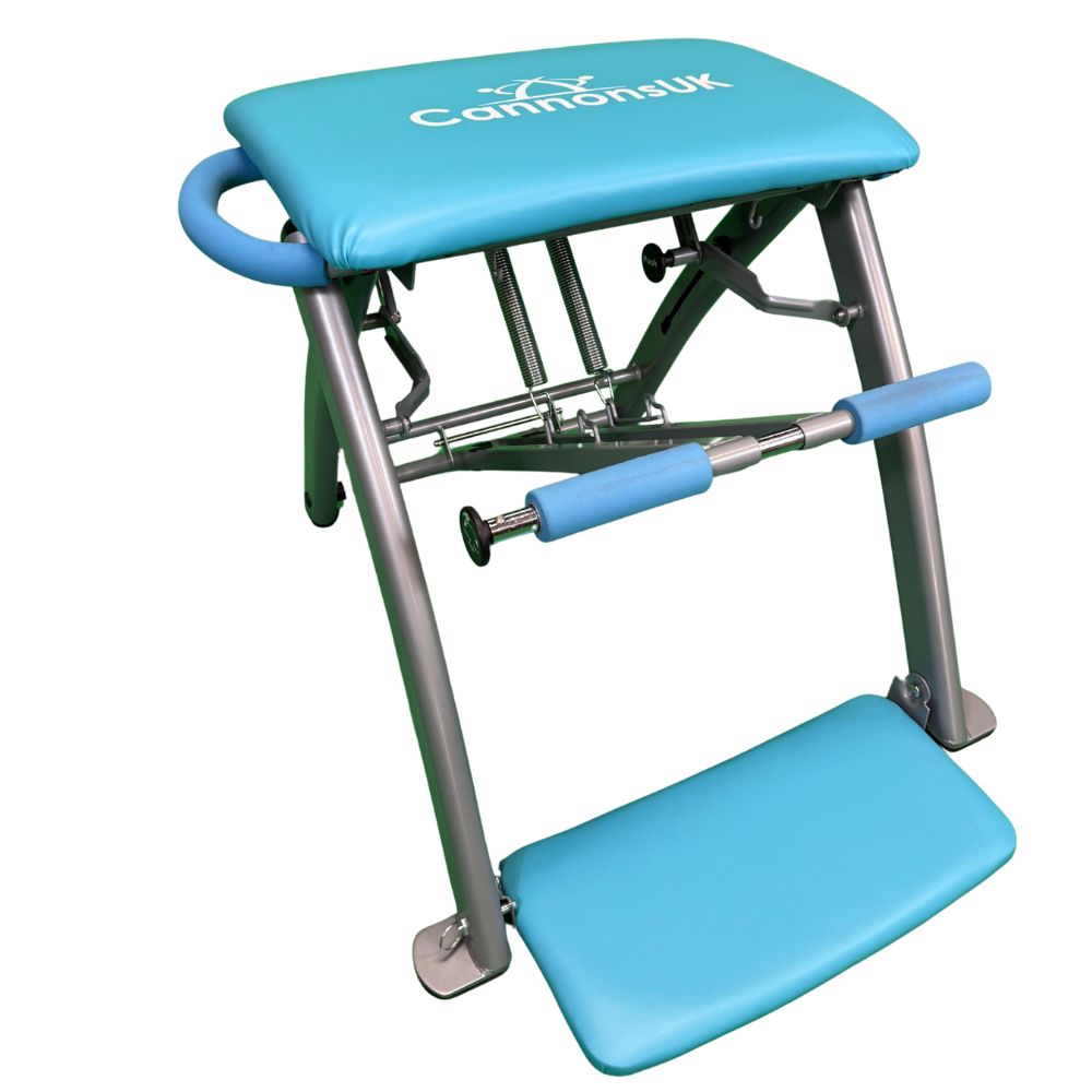 Blue Pilates chair with sturdy frame and supportive padded seating
