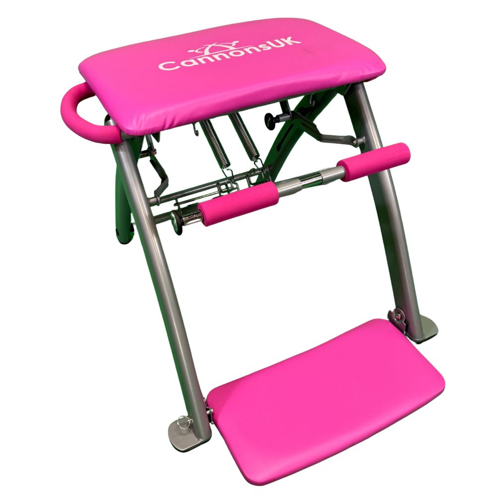 Side profile of pink Pilates chair with durable steel construction