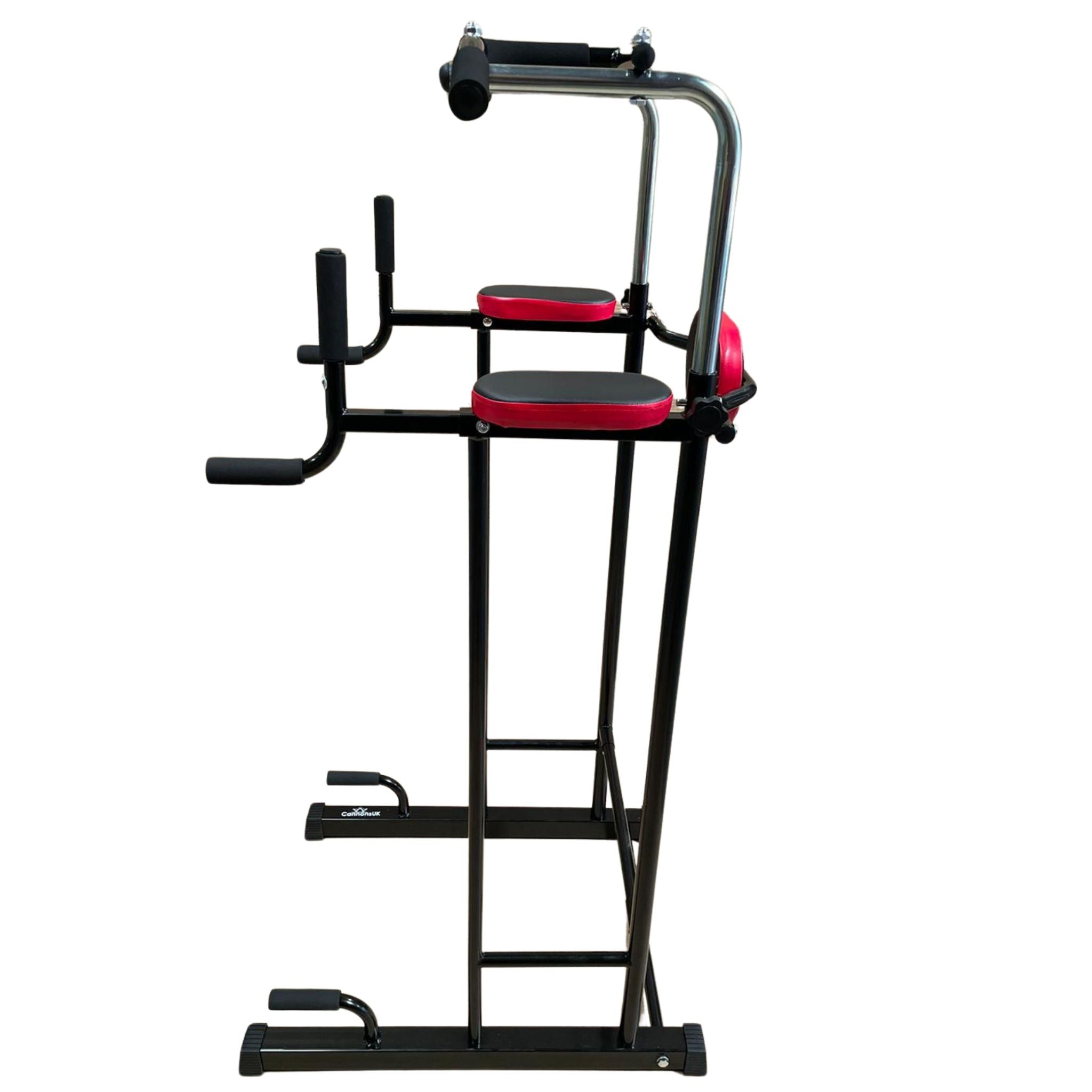Angled shot of pull-up rack showing base and grips  

