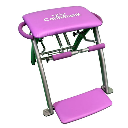 Purple Pilates chair with adjustable resistance springs for Pilates exercises