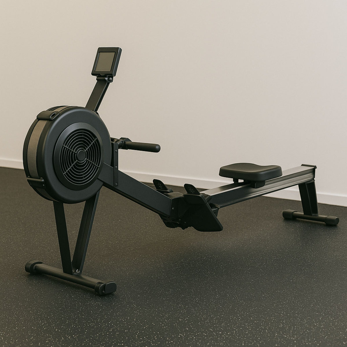 “Flat bench on black speckled gym flooring with a red steel frame and clean background.”

