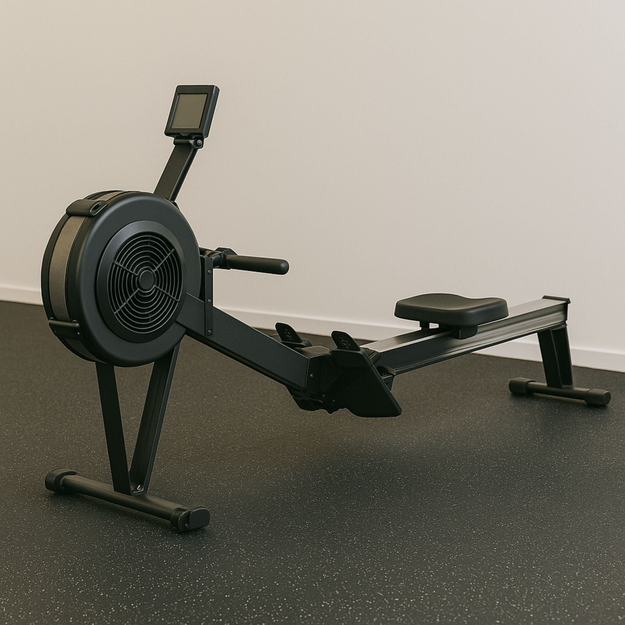 “Flat bench on black speckled gym flooring with a red steel frame and clean background.”

