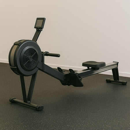 “Flat bench on black speckled gym flooring with a red steel frame and clean background.”


