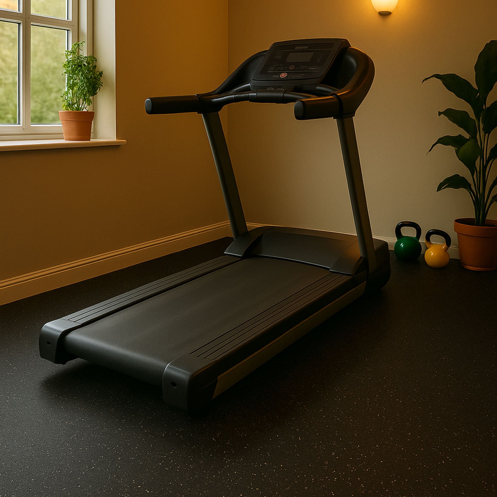 Treadmill in a home gym with black rubber-speckled EVA flooring and light beige walls