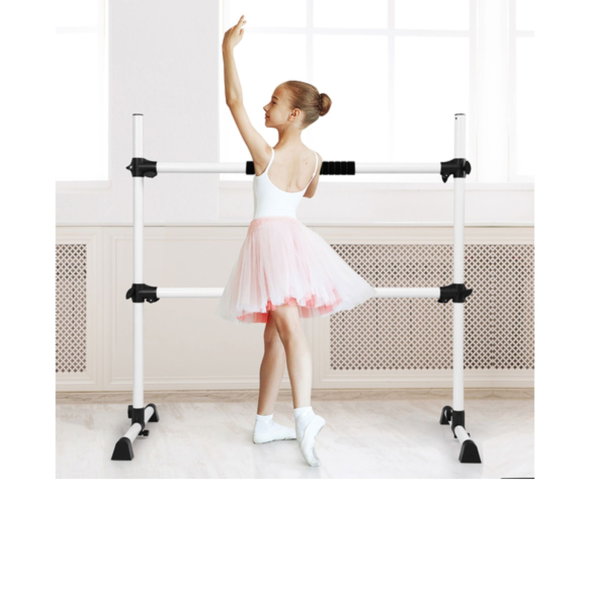 Freestanding ballet barre used by instructor in training session  

