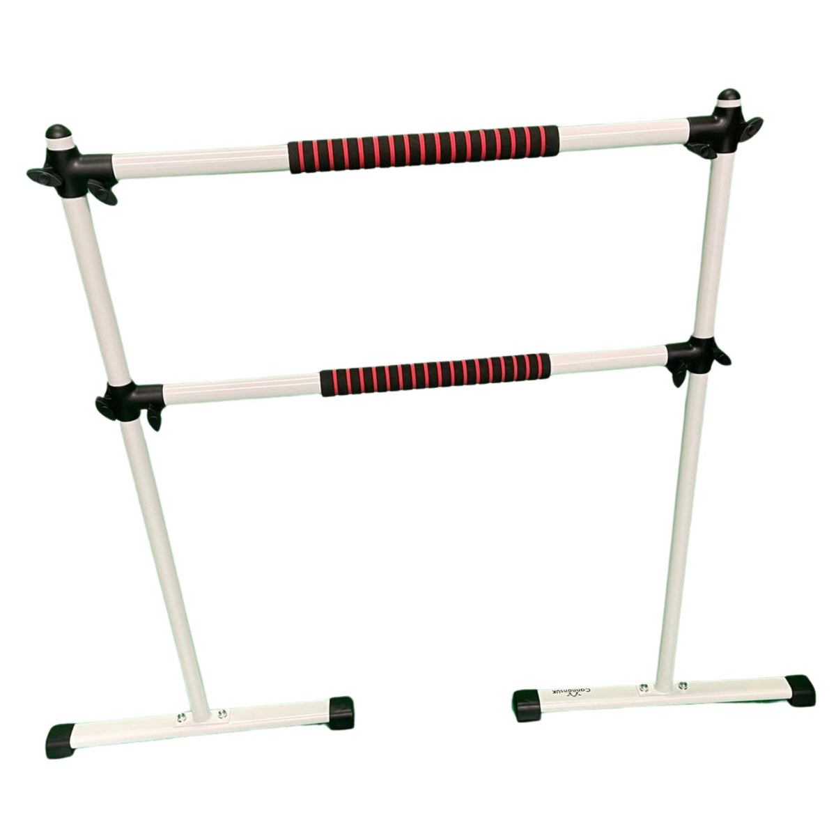 Side view of freestanding white ballet barre on white background  
