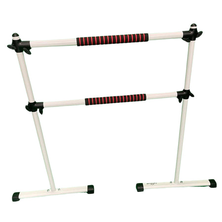 Side view of freestanding white ballet barre on white background  
