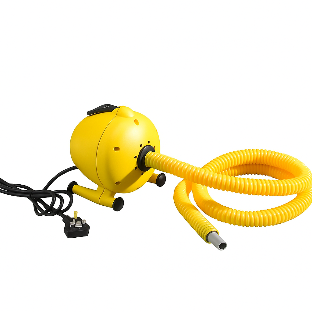 Yellow electric air blower with flexible yellow hose and UK three-pin plug on a white background.