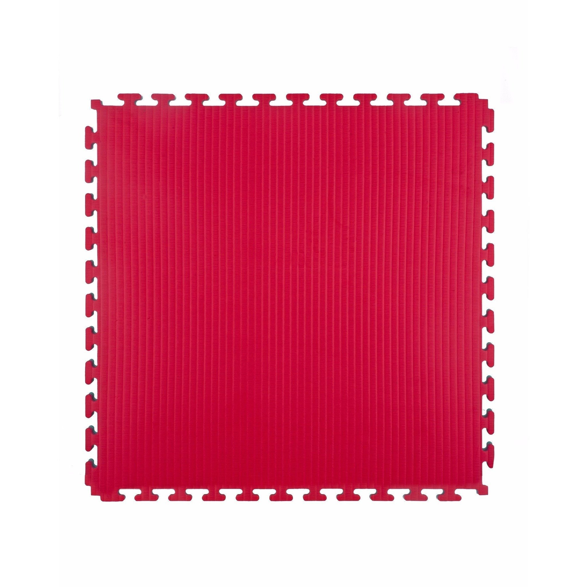 Single tatami jigsaw mat laid flat with the red side facing up, showing full surface and interlocking edges.