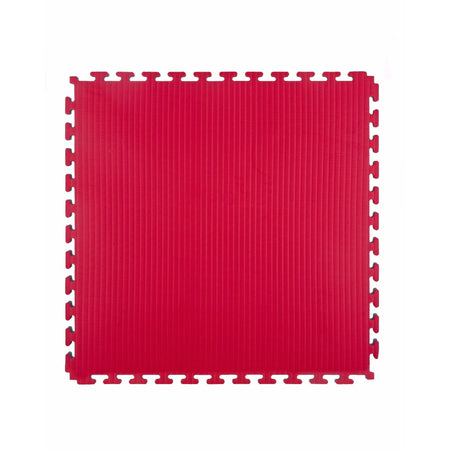 Single tatami jigsaw mat laid flat with the red side facing up, showing full surface and interlocking edges.
