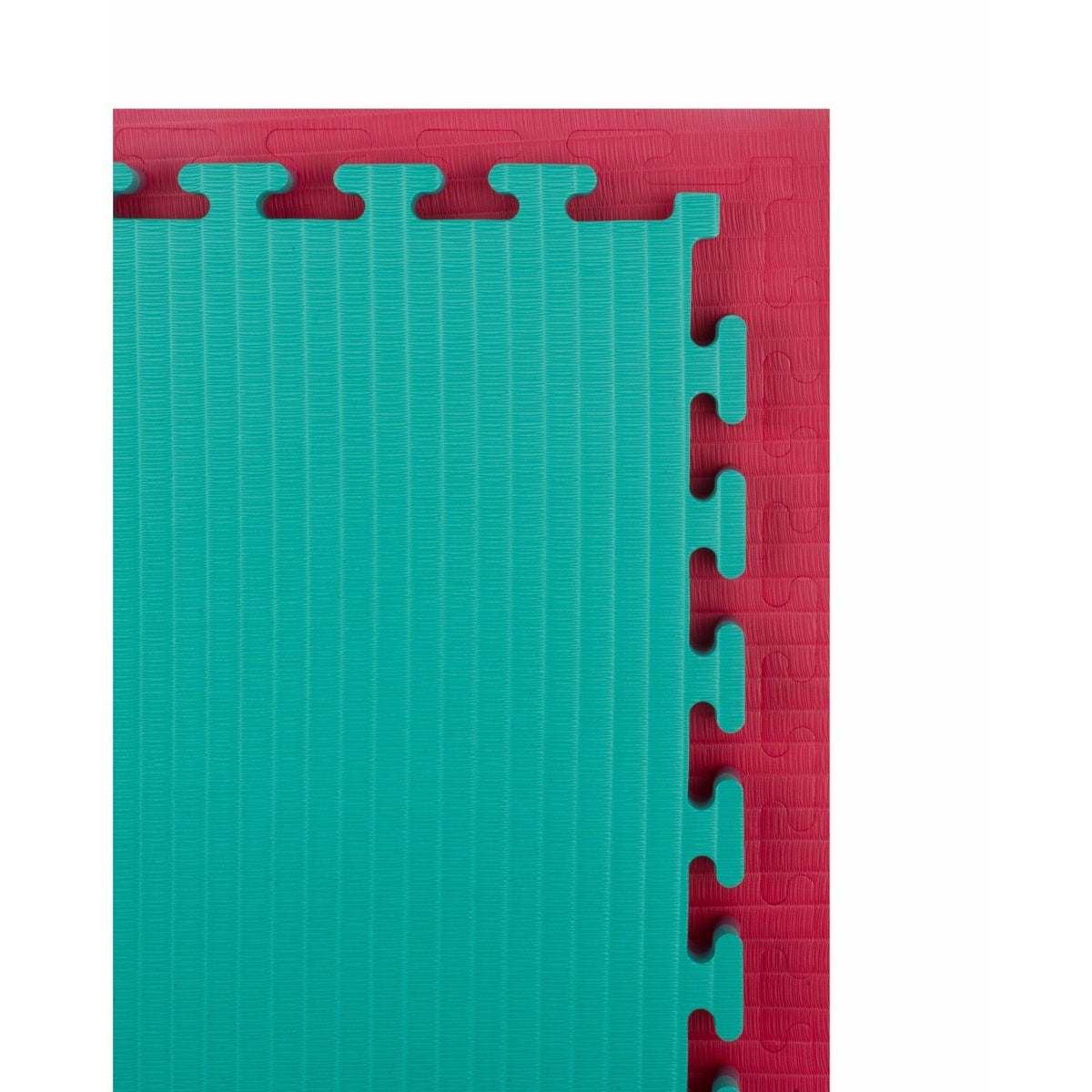 Two tatami jigsaw mats laid flat side-by-side, one red side up and one green side up, to highlight the reversible design.