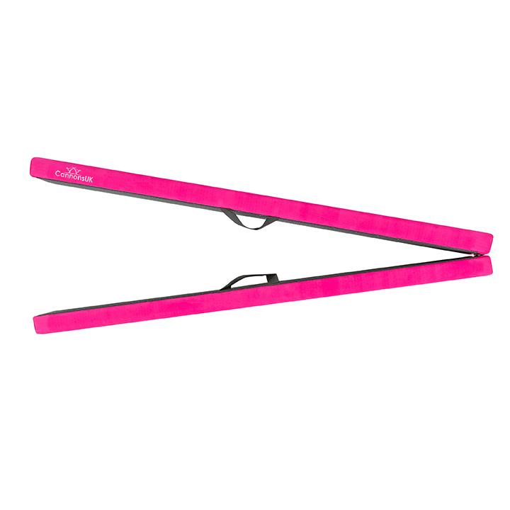 Cannons UK 210cm folding gymnastics beam in pink, foldable hinge design with portable handle.