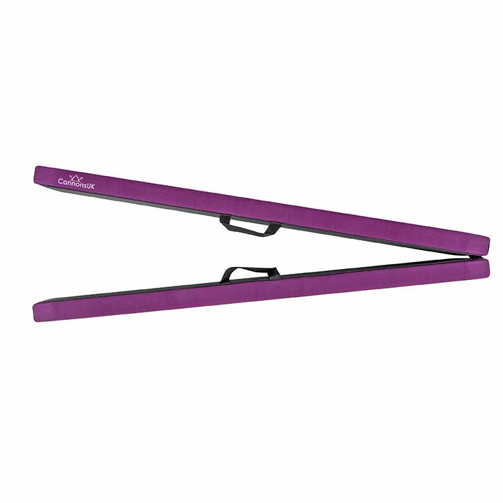 Purple Cannons UK 210cm folding gymnastics balance beam, fold-out design shown from side angle.