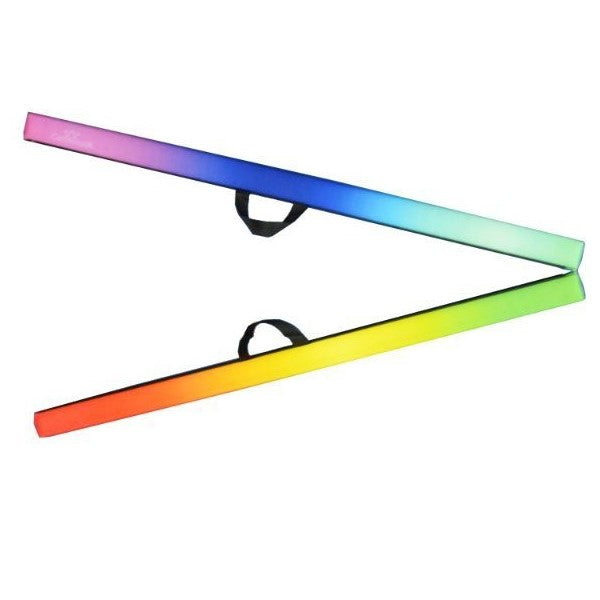Cannons UK 210cm folding gymnastics beam in rainbow design, fold-out flat position with carry handle.