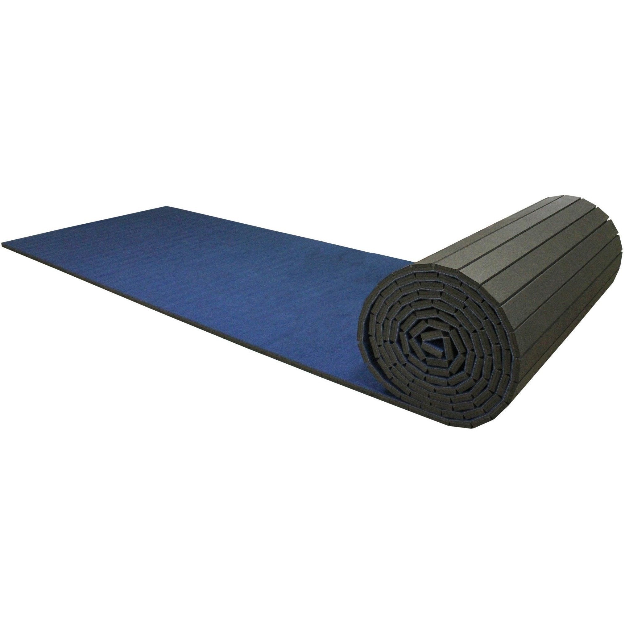 Cannons UK 3m rollaway mat in blue, rolled up for storage and easy transport, perfect for gym flooring and fitness spaces.