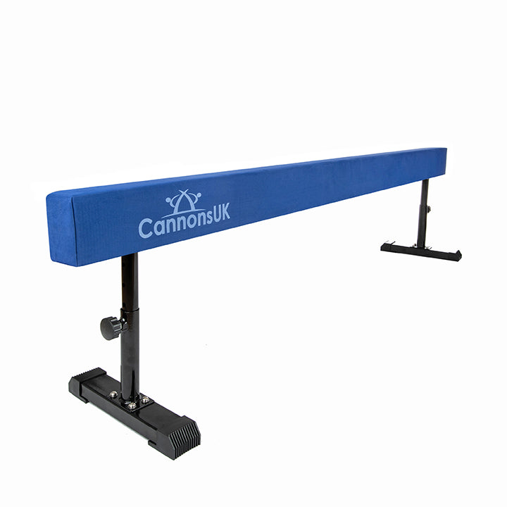 Blue Cannons UK 8ft gymnastics balance beam with stable steel supports for training routines and practice drills.