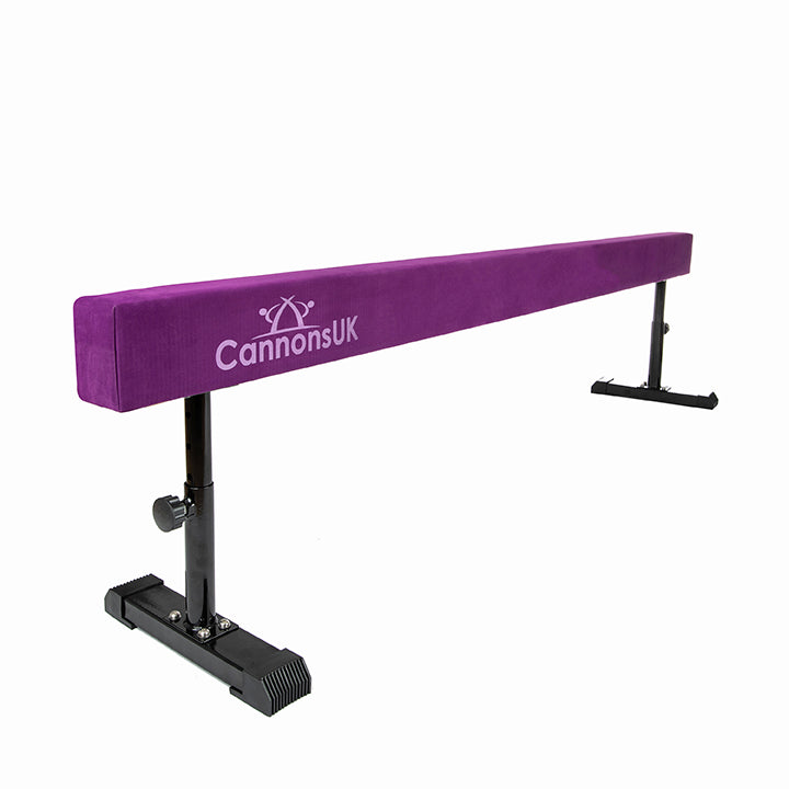 Purple Cannons UK 8ft solid gymnastics balance beam close view, ideal for gymnastics clubs and home setups.